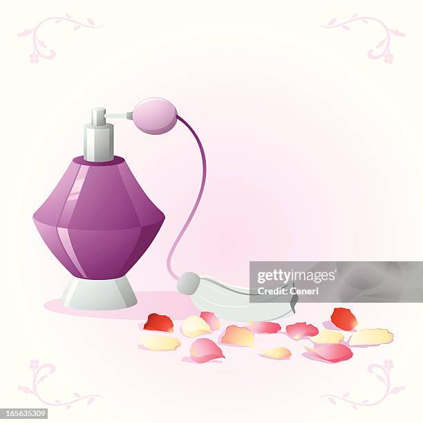 purple perfume bottle with soft rose petals - rose petals stock illustrations