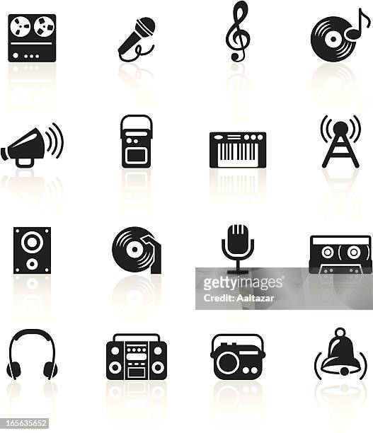 schwarze symbole-ton und musik - tragbarer kassettenrekorder stock-grafiken, -clipart, -cartoons und -symbole