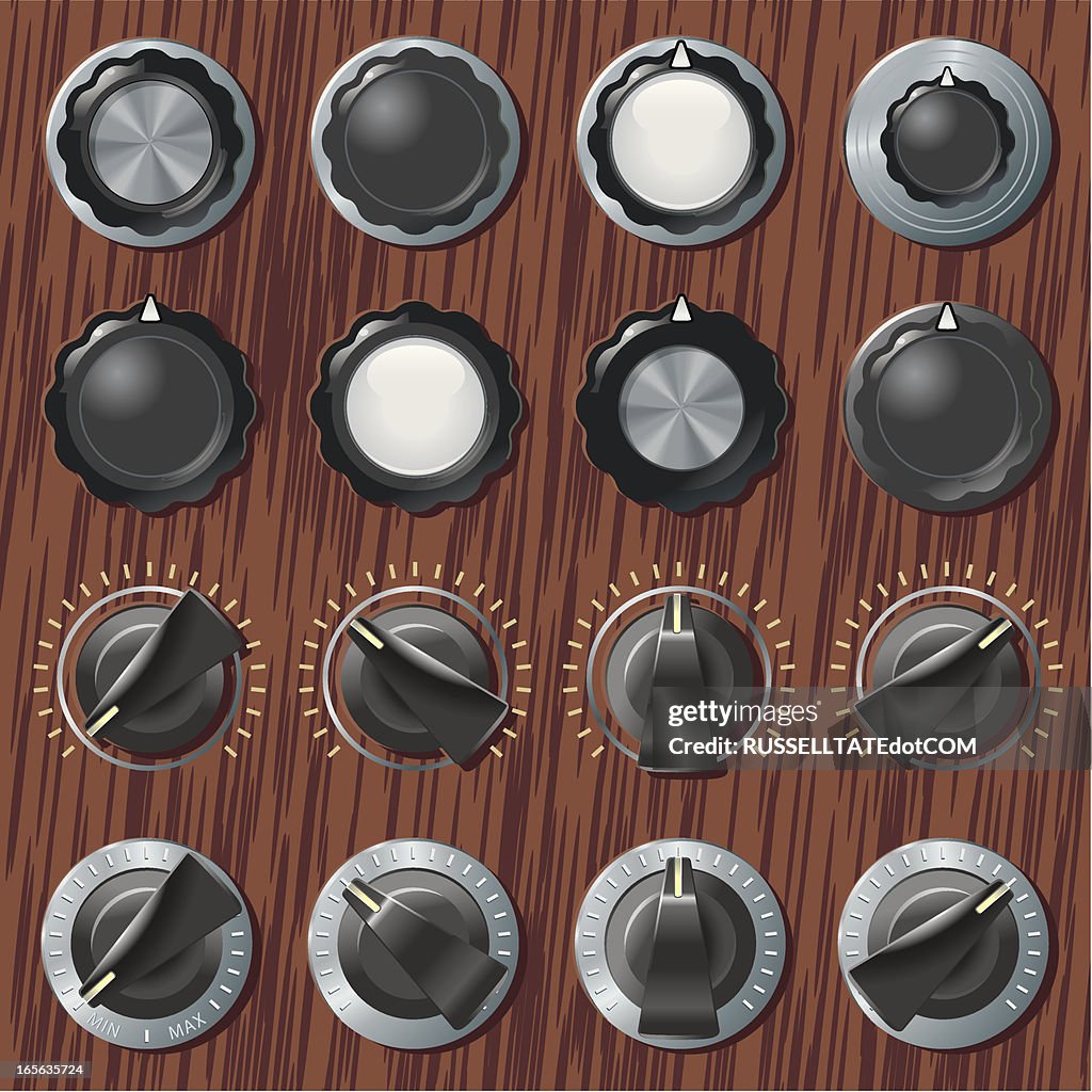 Retro knobs and switches on wood