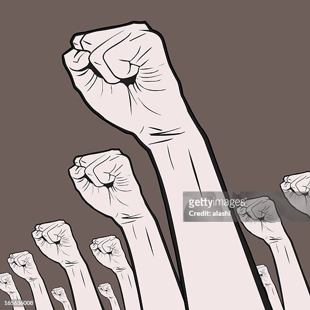 illustrazioni stock, clip art, cartoni animati e icone di tendenza di esprimere a gesti (mano firma): clenched pugni tenuto alto in segno di protesta - spostarsi verso l'alto