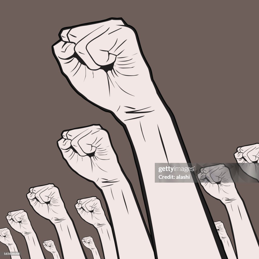 Gesturing(Hand Sign): Clenched fists held high in protest