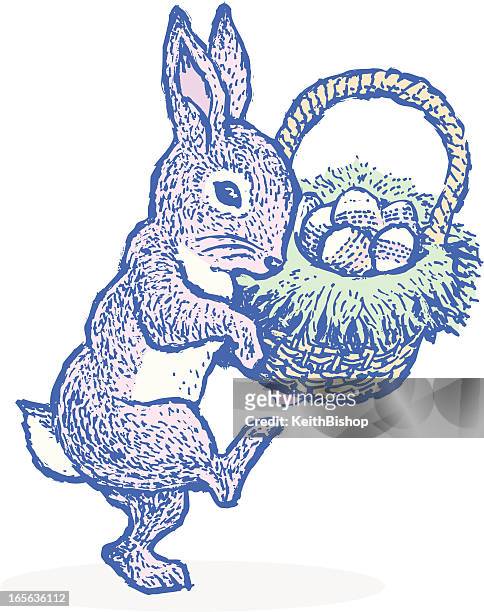 easter bunny with basket of eggs - jackrabbit stock illustrations