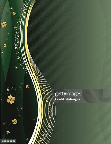 green st. patrick's day background with gold four leaf clovers - irish background stock illustrations
