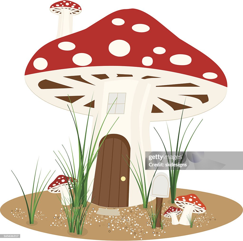 Stylized Fly Agaric Mushrooms House with Mailbox