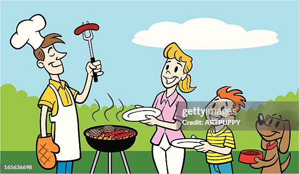 hungry family waiting for father to barbeque - family at a picnic stock illustrations