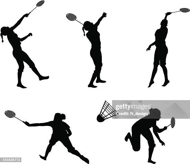 ilustraciones, imágenes clip art, dibujos animados e iconos de stock de siluetas de bádminton - badminton racket