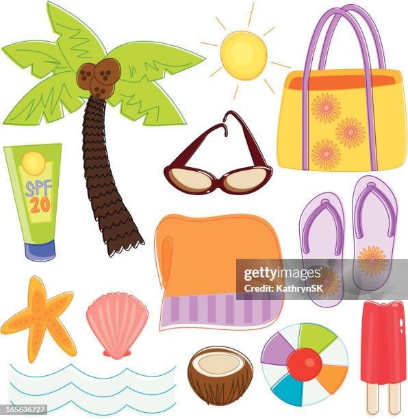 ilustraciones, imágenes clip art, dibujos animados e iconos de stock de playa de essentials - bolsa de playa
