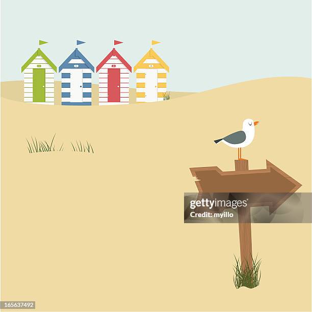 digital illustration of several houses and a wood sign - beach house 幅插畫檔、美工圖案、卡通及圖標