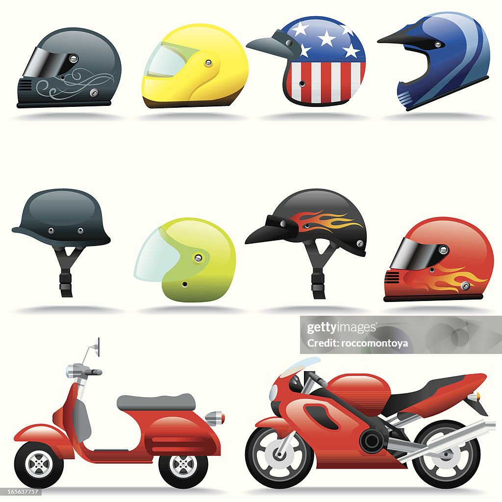 Icon-Set, Helme und Motorräder