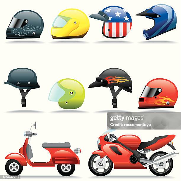 bildbanksillustrationer, clip art samt tecknat material och ikoner med icon set, helmets and motorcycles - skoter