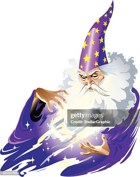 bildbanksillustrationer, clip art samt tecknat material och ikoner med cartoon illustration of a magician man - gray hair