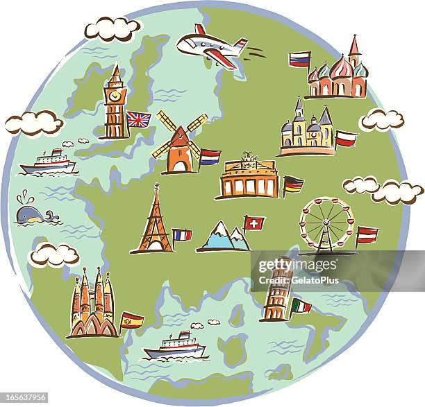 landmarks drawn on globe - red square stock illustrations