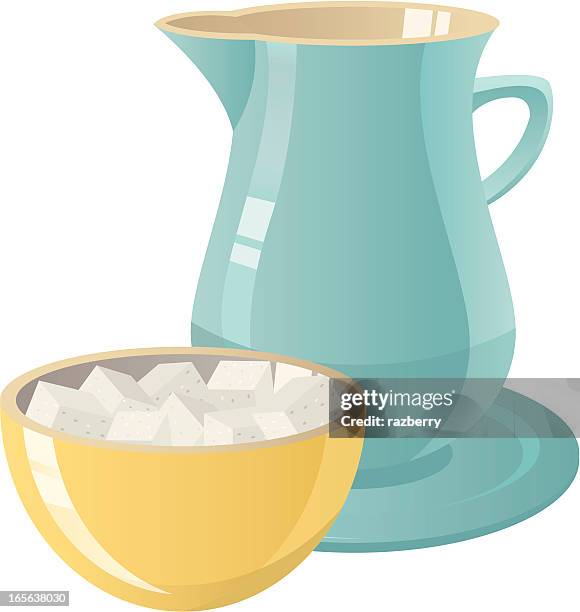 graphic of bowl of sugar and pitcher of cream - sugar cube stock illustrations