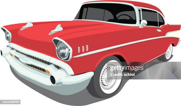 vektor 1957 chevrolet bel air-angle view - oldtimerauto stock-grafiken, -clipart, -cartoons und -symbole