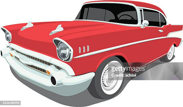 illustrations, cliparts, dessins animés et icônes de vecteur 1957 chevrolet bel air-vue d'angle - voiture particulière