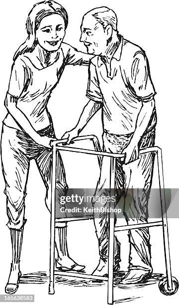 physical therapy - woman helping man with walker - elderly physical therapy stock illustrations