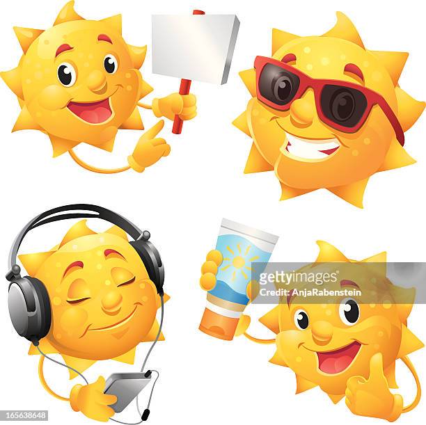 lächelnde sonne comic-figur mit coole sonnenbrillen - anthropomorphic smiley face stock-grafiken, -clipart, -cartoons und -symbole