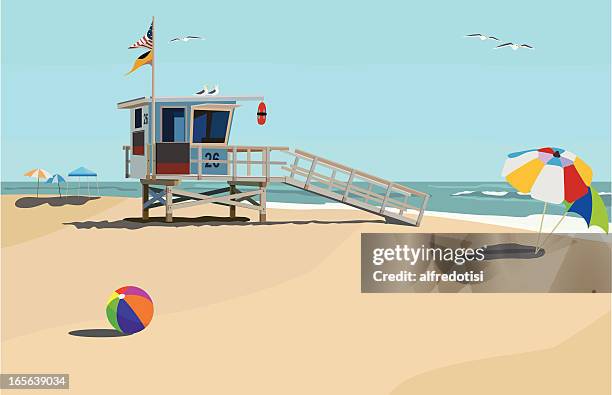 bildbanksillustrationer, clip art samt tecknat material och ikoner med day at the beach - lifeguard tower