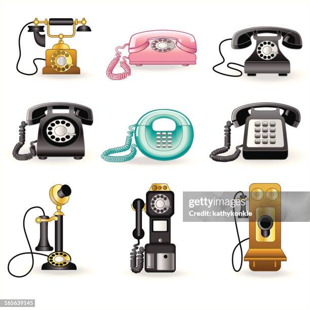 a set of vintage telephones on a white background - telephone dial stock illustrations