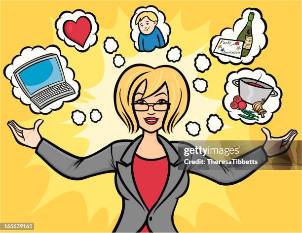 modern woman - balancing act cartoon stock illustrations