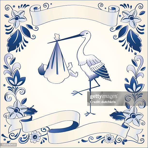 antique dutch delft blue banner template - stork stock illustrations
