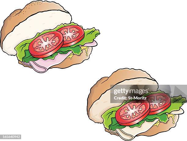 ham and turkey keiser sandwich - brown bread stock illustrations