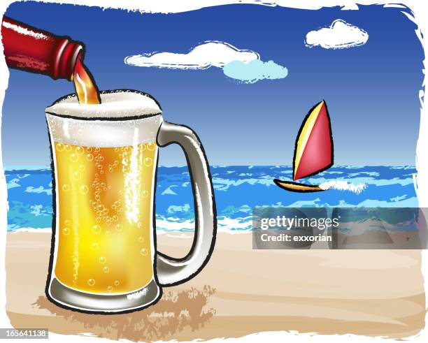 illustrazioni stock, clip art, cartoni animati e icone di tendenza di versare la birra e spiaggia - bottle beer