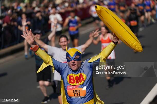 Runner in costume crosses the Tyne bridge during the AJ Bell Great North Run on September 10, 2023 in Newcastle upon Tyne, England.