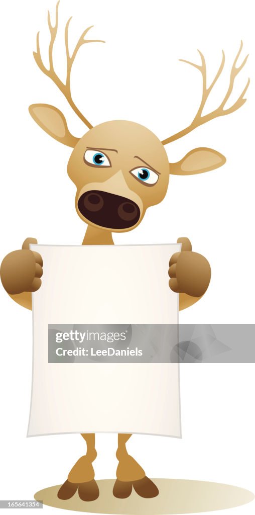 Stag holding a large blank banner
