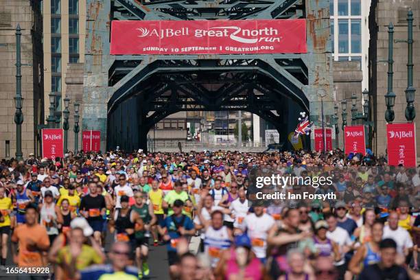 Runners cross the Tyne bridge during the AJ Bell Great North Run on September 10, 2023 in Newcastle upon Tyne, England.