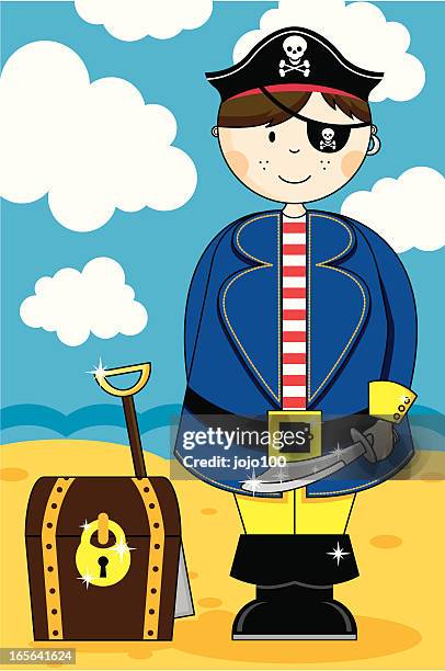 cute pirate boy with found treasure chest - eye patch stock illustrations