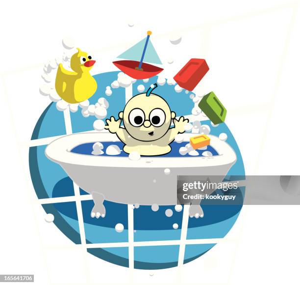 baby taking a bath adventure - bar soap bubbles stock illustrations