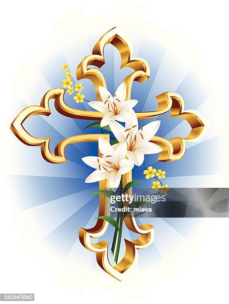 gold cross - easter lilies and cross stock illustrations