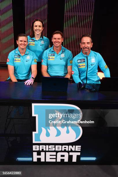 Ashley Noffke, Jess Jonassen​, Kirsten Pike​ and Mark Sorrell​ of the Heat pose during the 2023-24 BBL and WBBL Draft at NEP Studios on September 03,...