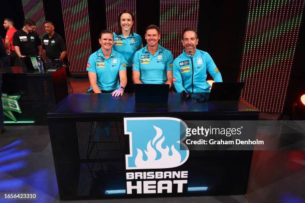 Ashley Noffke, Jess Jonassen​, Kirsten Pike​ and Mark Sorrell​ of the Heat pose during the 2023-24 BBL and WBBL Draft at NEP Studios on September 03,...