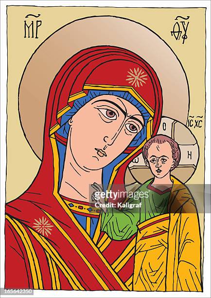 theotokos ("birth-giver of god") kazanskaya - orthodox icon - greek orthodox stock illustrations