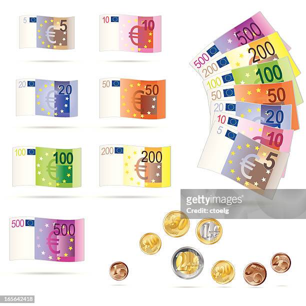bildbanksillustrationer, clip art samt tecknat material och ikoner med euro bills and coins collection - eu valuta
