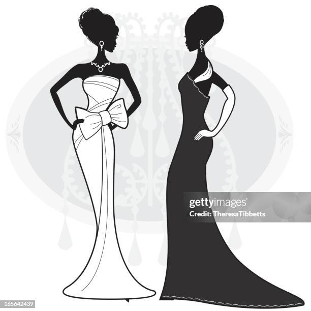 illustrations, cliparts, dessins animés et icônes de noir et blanc de - robe du soir