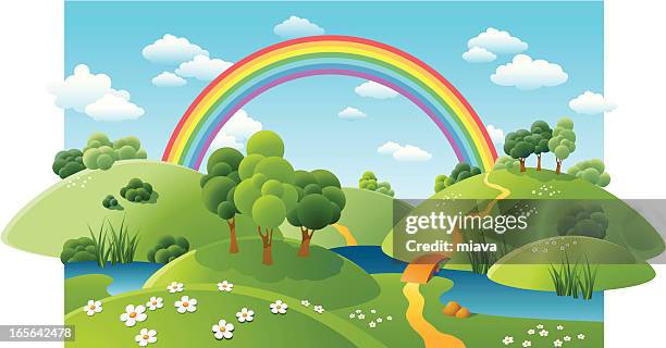 illustrazioni stock, clip art, cartoni animati e icone di tendenza di paesaggio con un arcobaleno - bridge