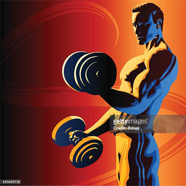 vector graphic of fit man doing bicep curls with dumbbells - gay men stock illustrations