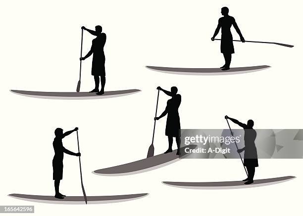 paddleboard vector silhouette - same model different actions stock illustrations
