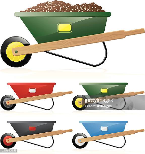wheelbarrows in several colors - empty, filled with dirt, soil - red wheelbarrow stock illustrations