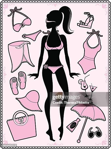 girly holiday set - sunscreen hat stock illustrations