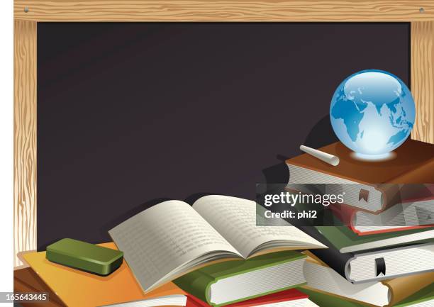 education theme, books, globe, chalk and blackboard vector - open book background stock illustrations
