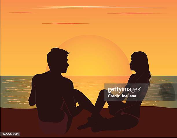 couple on the sunset beach - couple on beach sunset stock illustrations