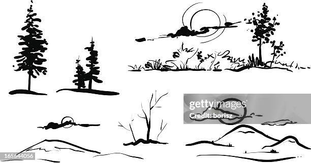 landscape set - tree drawing stock illustrations