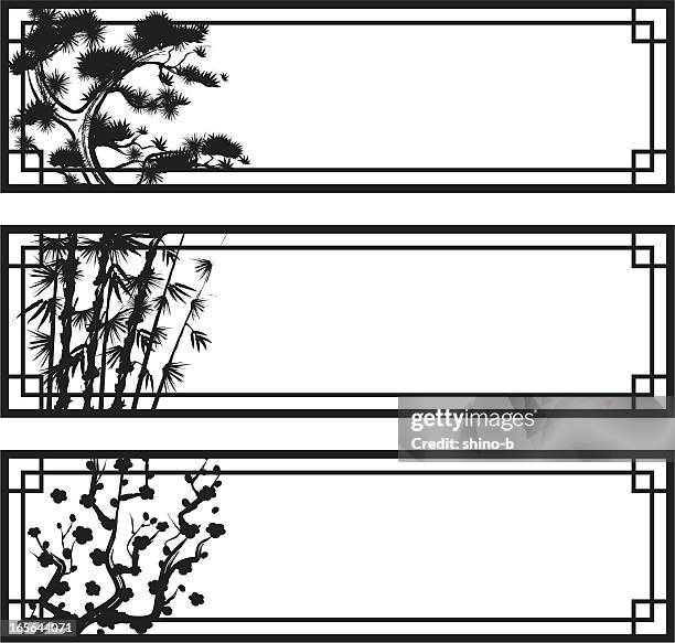 bildbanksillustrationer, clip art samt tecknat material och ikoner med three friends of the cold banner - plommonträdsblommor