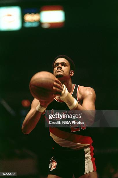 Maurice Lucas of the Portland Trail Blazers takes a free throw during the 1970 NBA game against the New York Knicks at Madison Square Garden in New...