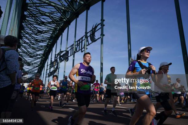 Runners cross the Tyne bridge during the AJ Bell Great North Run on September 10, 2023 in Newcastle upon Tyne, England.