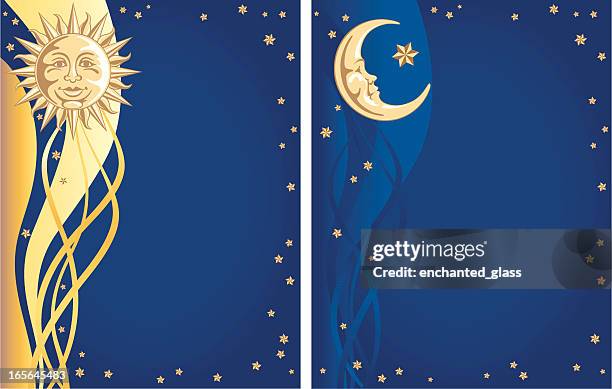 celestial sun, moon and stars background - celestial-sun-moon-and-stars-background stock illustrations